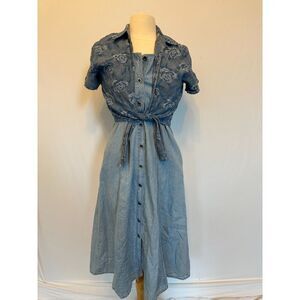 VINTAGE 100% Cotton Cottagecore Denim Maxi Floral Dress Size Small